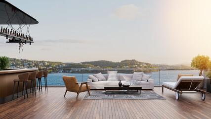 Obraz premium Luxury Waterfront Terrace with Modern Outdoor Lounge