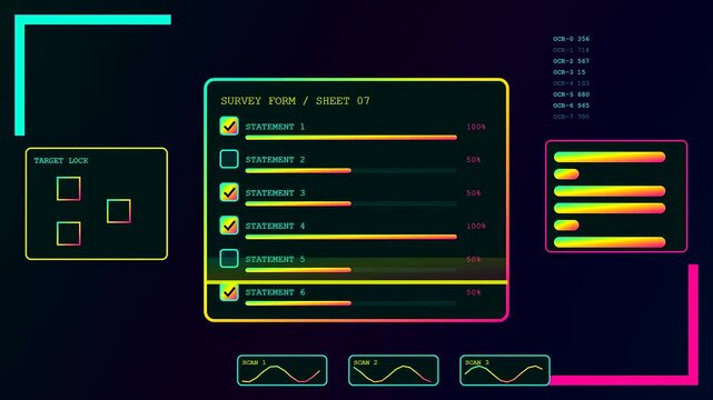 Digital displays featuring an interactive poll are cycling through selection options during a simulated user interface interaction sequence set against a dark void atmospheric lighting scene