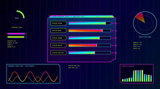A digital interactive poll display shows changing statistical data visualization panels in a sleek dark environment with glowing neon graph bars and rotating circular indicator charts