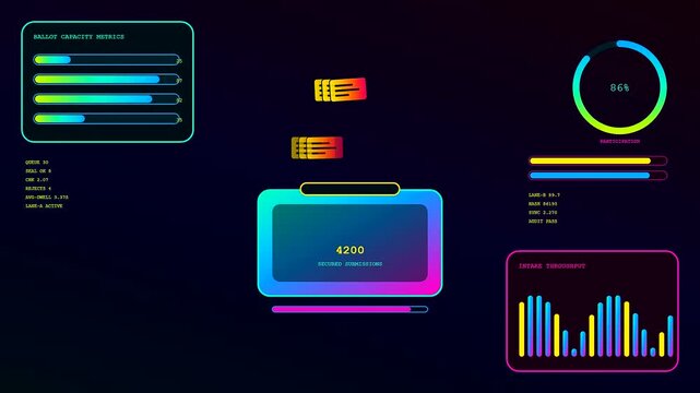 Three panels show an interactive poll dashboard with glowing digital metrics and abstract data visualization elements animated on a dark gradient interface for modern systems