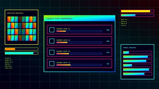 Three panels showing an interactive poll interface featuring colorful loading bars and checkbox selection nodes set against a dark grid pattern in a digital environment