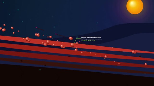 Animation of coir biomesh slope stabilization showing loose sediment protected by an interlocked blanket, storm barrier, root anchor web, organic bio-fertilization, and sustained ecosystem