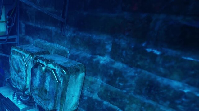 Two weathered metal containers are placed against a textured wall. The setting is dark, with blue lighting creating shadows and highlighting the rough surface of the wall.