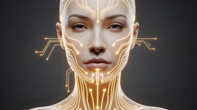 futuristic female cyborg face looking at camera with glowing orange circuit lines