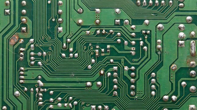 Old green printed circuit board with metallic solder points and intricate copper traces for electronic component repair