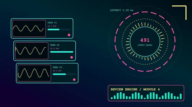 Digital playback analysis displays showing complex monitoring telemetry data with glowing neon circles and wave frequency graphs across a dark screen during a scientific experiment
