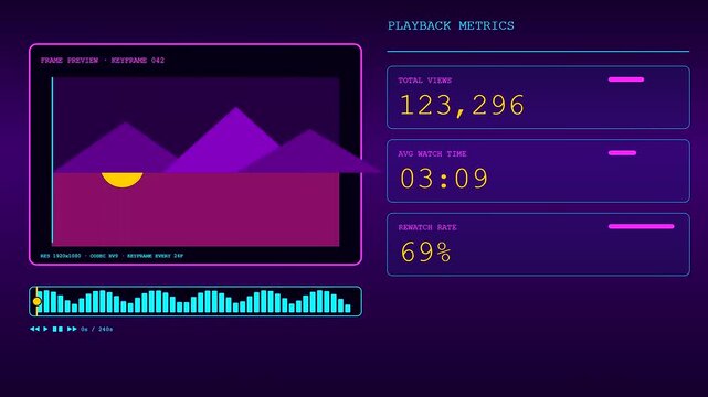 Digital playback analysis displays real time metrics showing abstract mountain diagrams with shifting waveforms and numerical streaming data points within a sleek dark violet interface