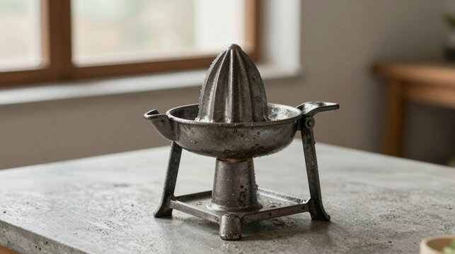 Vintage manual metal citrus juicer with water drops on a stone countertop