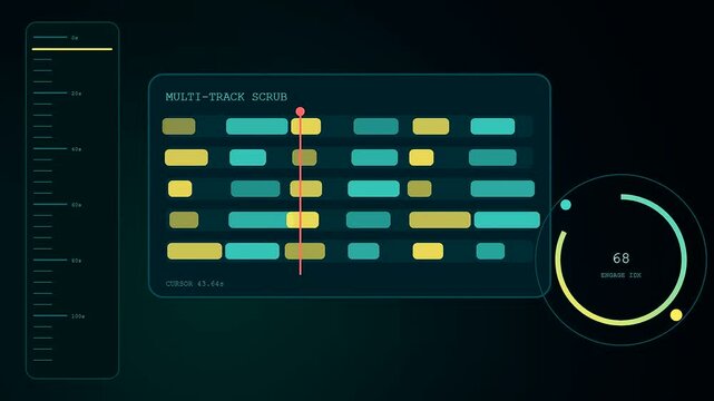 Digital media playback analysis interface shown with glowing timeline segments and circular data trackers displayed against a dark cinematic environment for professional post production workflows