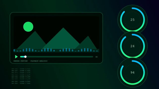 Playback analysis displayed on a dark interface showing fluctuating metrics and mountain peaks during a digital video rendering process for modern software and visual monitoring