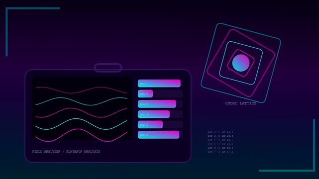 Digital playback analysis displays streaming wave patterns and geometric shapes on a dark screen within a graphical interface for complex computational monitoring of system data streams