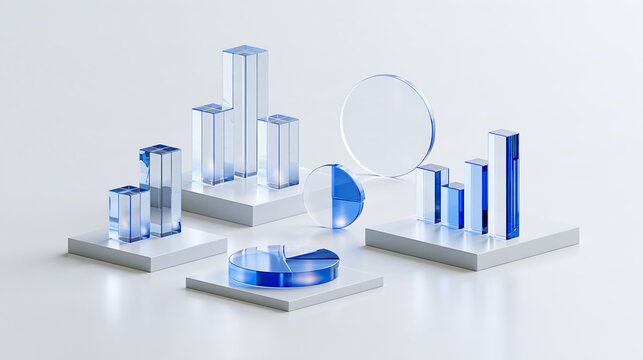 3d translucent glass bar graphs and pie charts with blue accents on white surface, concept for digital financial data visualization, business performance analysis and annual growth report