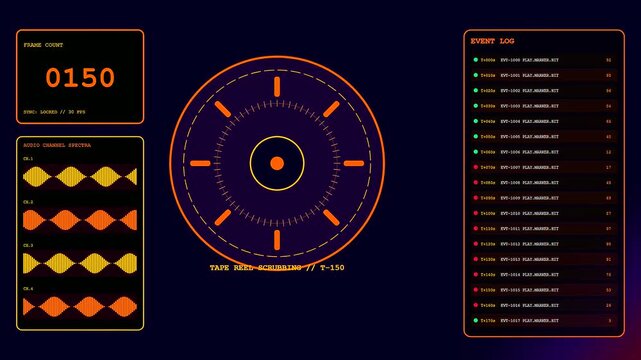 Digital playback analysis displayed on a dark glowing interface featuring synchronized circular radar graphs scrolling audio frequency waveforms and numerical frame counter data in real time