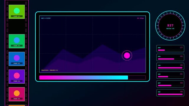 A digital playback analysis interface showing moving graphical wave patterns on dark screen panels with neon circle counters and vertical film strip style colorful status indicators