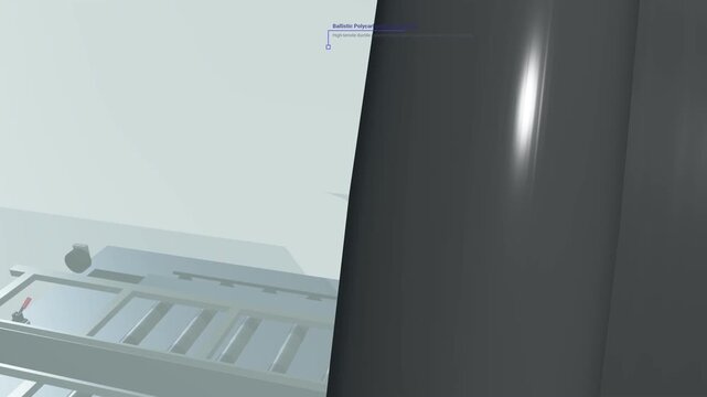 3D animation detailing the manufacturing process of bulletproof glass inside an autoclave featuring layers of polycarbonate and glass stopping a projectile with zero rear spallation
