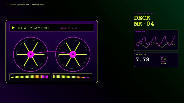 A digital playback analysis interface showing circular rotating reels and fluctuating waveform graphs with glowing yellow lines and vibrant purple UI elements on dark screens
