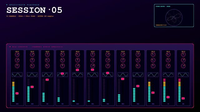 Digital playback analysis interface shows active audio levels and frequency modulation patterns within a dark purple neon console panel for professional sound engineering and media production