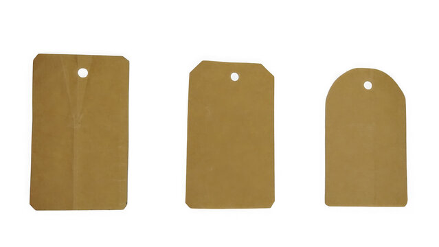 Three blank brown paper gift tags with holes for strings on a simple surface isolated on transparent background