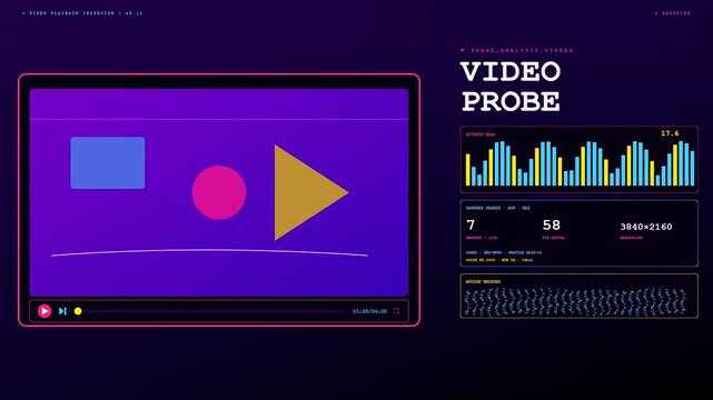 Digital playback analysis displays streaming media performance metrics with evolving vibrant shapes moving across a purple interface for monitoring frame processing and software status data streams