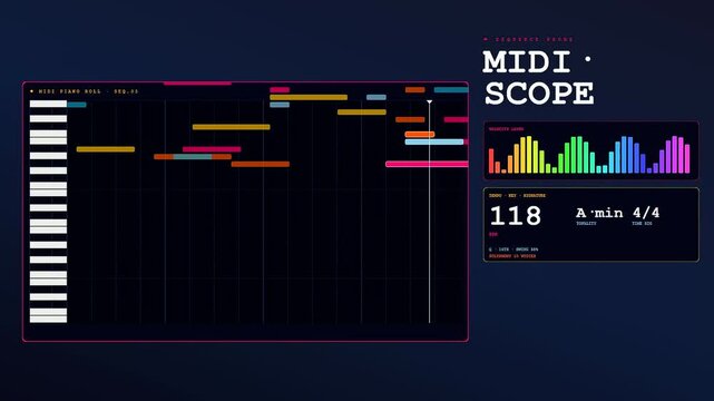 A digital playback analysis displays moving bars on a musical interface showing rhythmic patterns of fluctuating color frequencies inside a dark virtual environment for audio software production