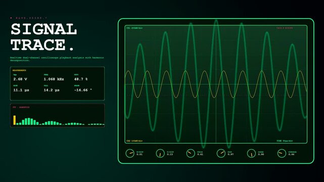Digital signal playback analysis displayed on a dark interface screen showing waveforms and frequency bars with varying parameters across three distinct oscillating graphical monitor panels