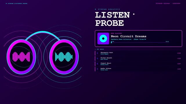 Digital playback analysis displays streaming audio interfaces with neon glowing circular waveforms and flickering sound level frequency patterns captured in a futuristic user dashboard design layout