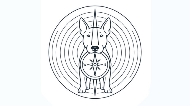Bull terrier dog holding a compass in a circular line art vector illustration