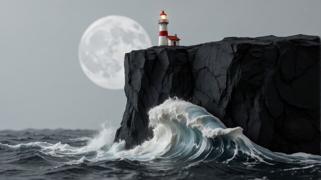 Lighthouse on a dark cliff with crashing wave under a glowing moon