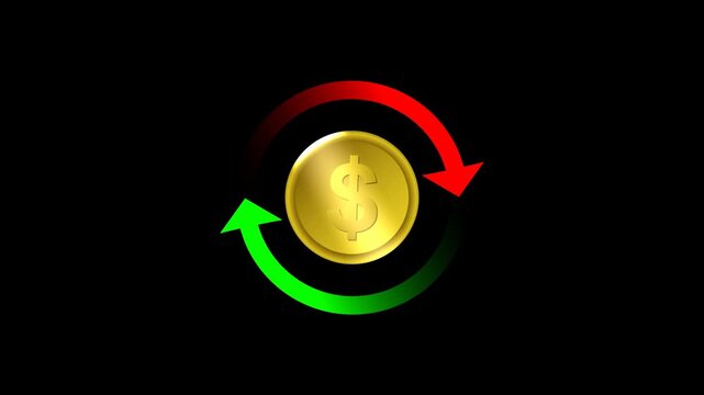 A golden dollar coin with return arrows animation on transparent background illustrating the concept of money return, featuring refunds, cashback, and financial reimbursements. 