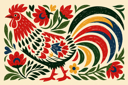 Colorful folk art rooster with sweeping tail feathers surrounded by bold flowers and leafy branches!