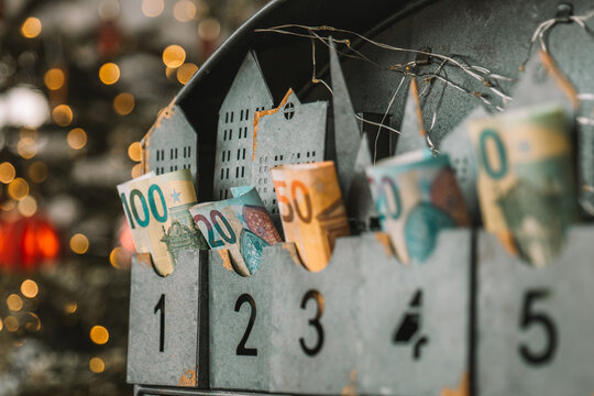 cash gift.Holiday Savings and Euro Cash Stored in Christmas Calendar.Euro Banknotes Stored in Metal Numbered Storage Drawers.Advent Calendar With Euro Banknotes 