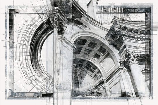 Detailed architectural drawing combining realistic rendering with abstract lines and geometric shapes, representing building design and engineering