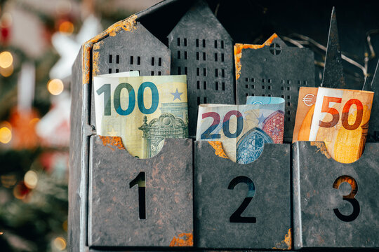 Holiday Savings and Euro Cash Stored in Christmas Calendar.Euro Banknotes Stored in Metal Numbered Storage Drawers.Advent Calendar With Euro Banknotes 