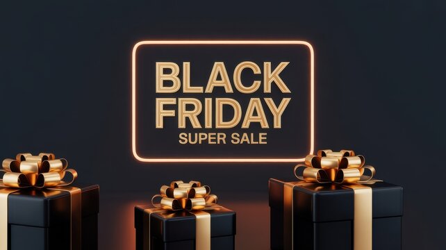 Black friday super sale promotional featuring three luxury black gift boxes with shiny gold ribbons against a dark background, with glowing neon frame