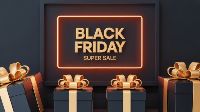 Black friday super sale sign with glowing neon orange border and black gift boxes with gold ribbons for holiday shopping promotion and retail marketing event