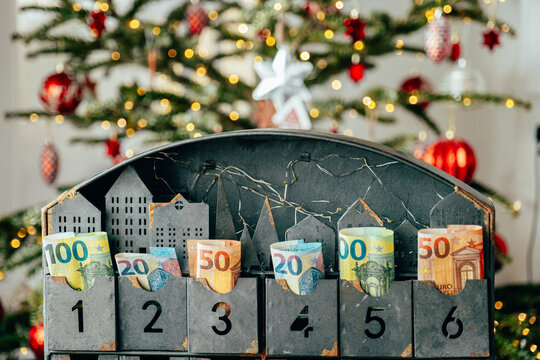  cash gift.Holiday Savings and Euro Cash Stored in Christmas Calendar.Euro Banknotes Stored in Metal Numbered Storage Drawers.Advent Calendar With Euro Banknotes 