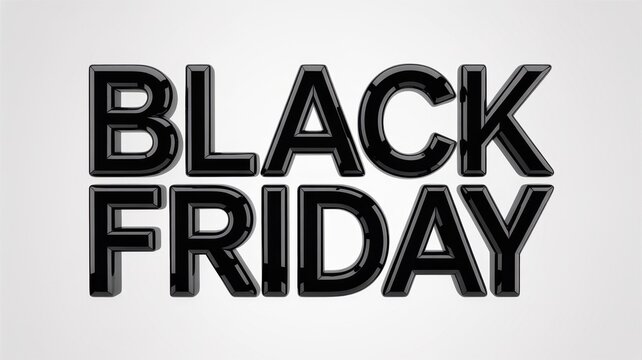 Black friday text sign in bold 3d glossy letters on a clean white background, modern typography, shopping event promotion, retail sale concept, contrast