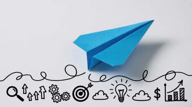 Blue paper airplane flying over a white surface with hand drawn business including a light bulb, target, gears, and growth charts representing innovation and strategy