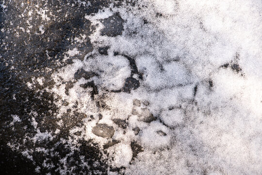 Top View of Snow on Ice Formation with Bubbles Macro Detail of Snow on on Ice Formation with Bubbles Melting Snow on Ice texture and reflection in cold water.Cold weather and frosts 