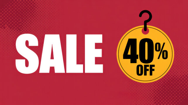 Bold red sale banner featuring a large forty percent off discount tag hanging on a hook with halftone texture background, for retail marketing promotions