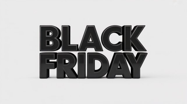 Bold three dimensional black friday text rendered in matte black letters isolated on a clean white background, for retail sales, and promotional shopping events
