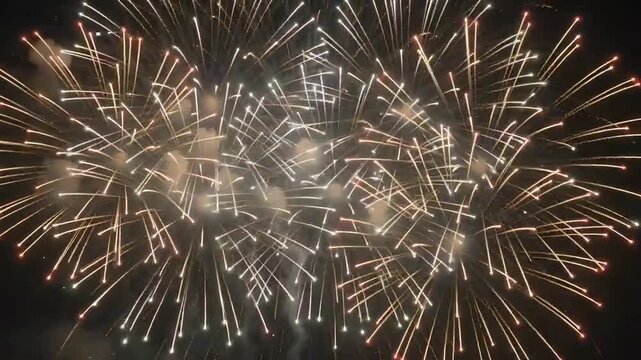 Fireworks exploding in night sky displaying bright golden sparks and festive celebration video footage
