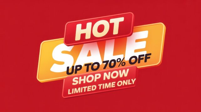 Bright red and yellow promotional banner for a hot sale event with bold typography offering up to seventy percent off for limited time shopping deals and retail discounts