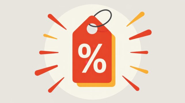 Bright red discount price tag with percentage symbol and decorative radial lines isolated on light background, for retail sales, and marketing promotion concept