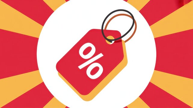 Bright red promotional price tag featuring a white percentage symbol centered on a circular background, with vibrant yellow, and red sunburst, radial patterns