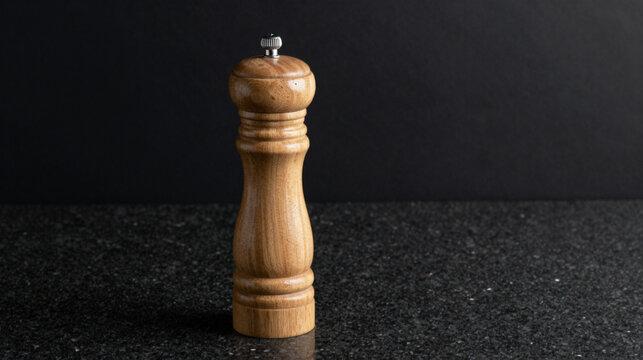 Wooden pepper mill grinder on a dark granite countertop