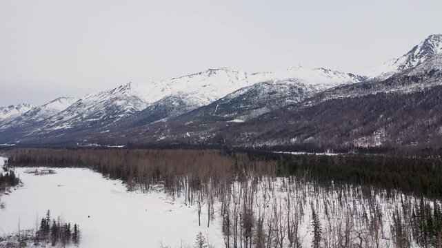 Scenic View of Snow-Capped Mountain Range Over Frozen Winter Lake and Forest