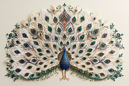 Intricate peacock illustration with ornate white feather fan and jewel toned decorative details rich
