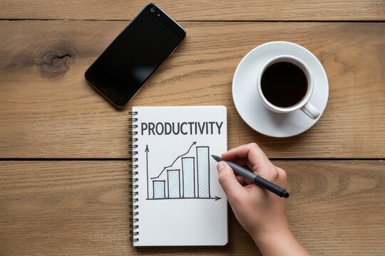 Business productivity growth chart drawn in a spiral notebook with a pen beside a smartphone and a cup of coffee on a wooden desk surface for planning