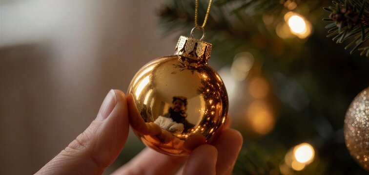 Close-up of a shimmering gold Christmas bauble held in a hand, reflecting the warm, blurred lights of a decorated Christmas tree in the background.